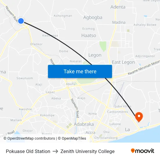 Pokuase Old Station to Zenith University College map