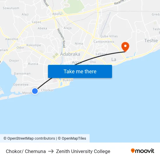 Chokor/ Chemuna to Zenith University College map
