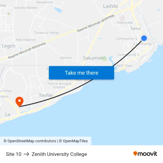 Site 10 to Zenith University College map