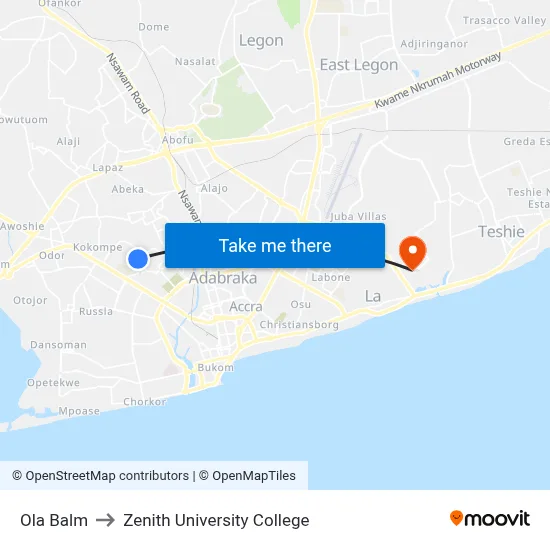 Ola Balm to Zenith University College map