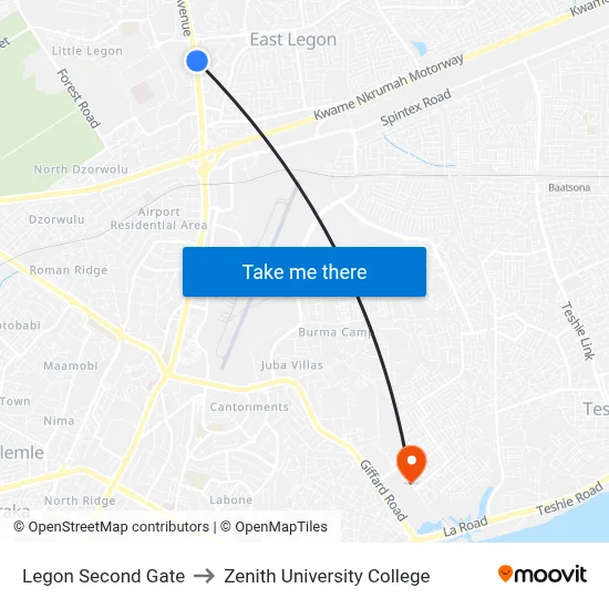 Legon Second Gate to Zenith University College map