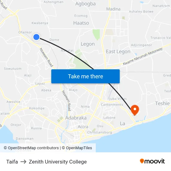 Taifa to Zenith University College map