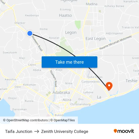 Taifa Junction to Zenith University College map