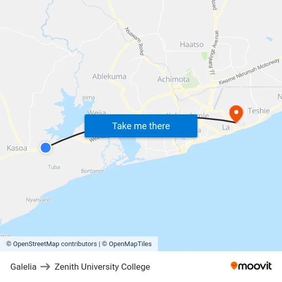 Galelia to Zenith University College map