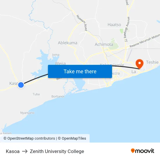 Kasoa to Zenith University College map
