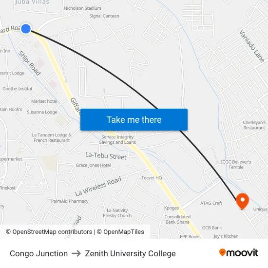 Congo Junction to Zenith University College map