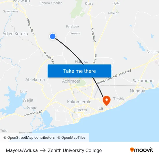 Mayera/Adusa to Zenith University College map