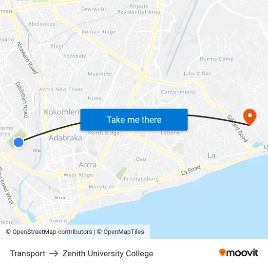 Transport to Zenith University College map