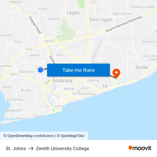 St. Johns to Zenith University College map