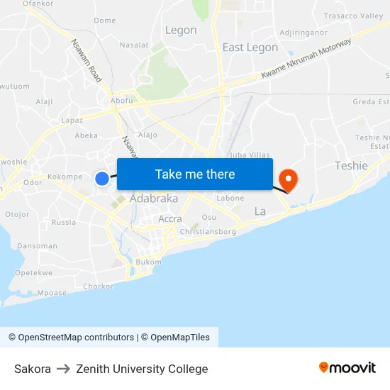 Sakora to Zenith University College map