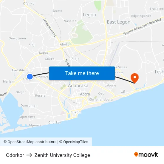 Odorkor to Zenith University College map