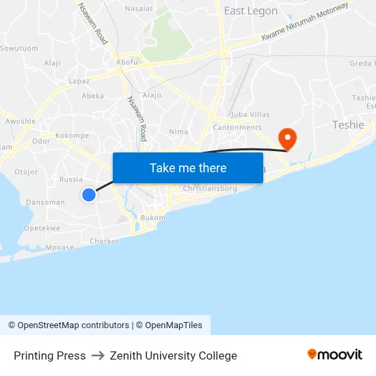 Printing Press to Zenith University College map