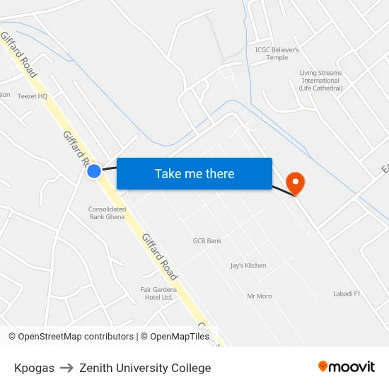 Kpogas to Zenith University College map