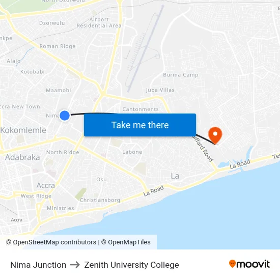 Nima Junction to Zenith University College map