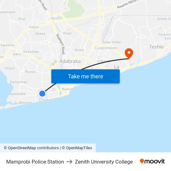 Mamprobi Police Station to Zenith University College map