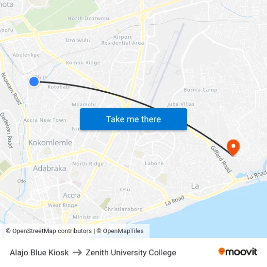 Alajo Blue Kiosk to Zenith University College map
