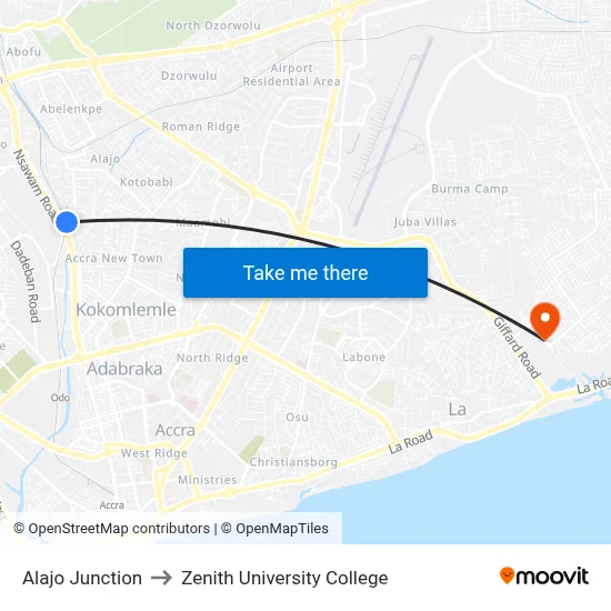 Alajo Junction to Zenith University College map