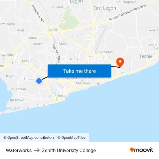 Waterworks to Zenith University College map