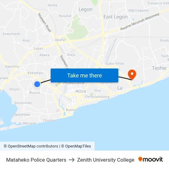 Mataheko Police Quarters to Zenith University College map