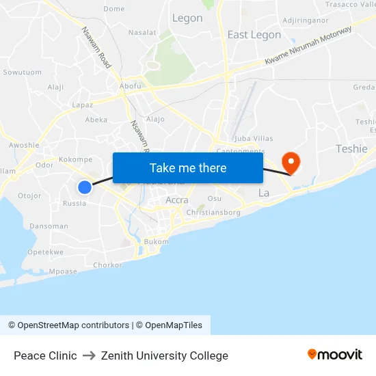 Peace Clinic to Zenith University College map