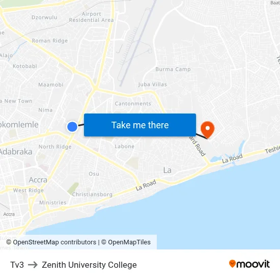 Tv3 to Zenith University College map