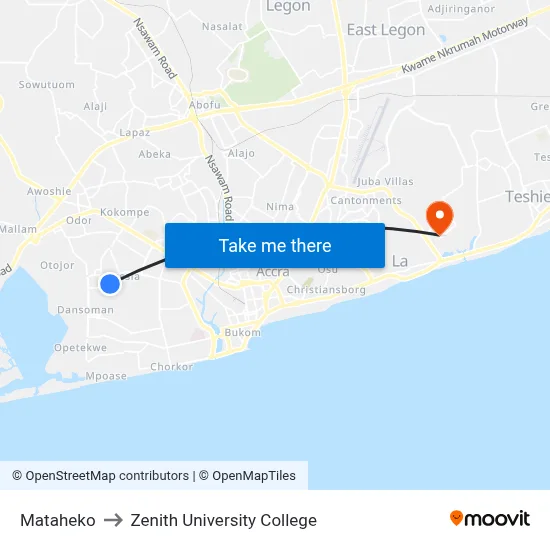 Mataheko to Zenith University College map
