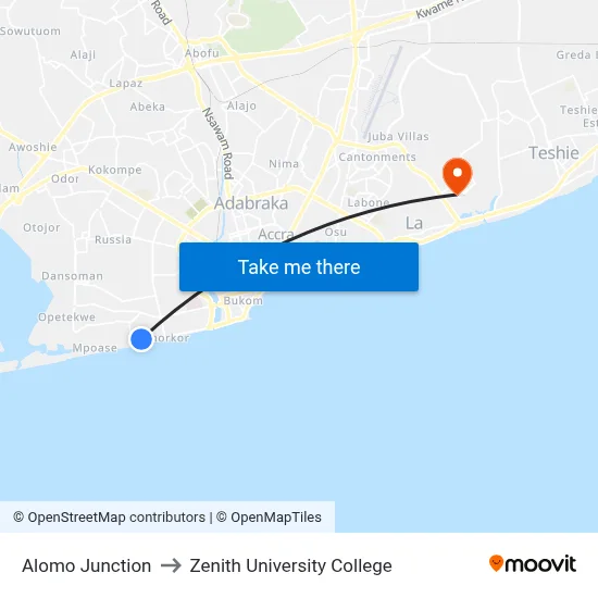 Alomo Junction to Zenith University College map