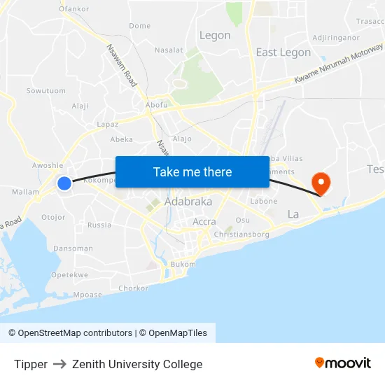 Tipper to Zenith University College map