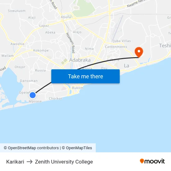 Karikari to Zenith University College map