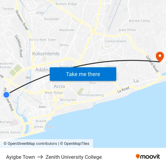 Ayigbe Town to Zenith University College map