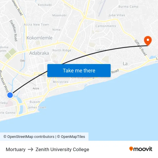 Mortuary to Zenith University College map