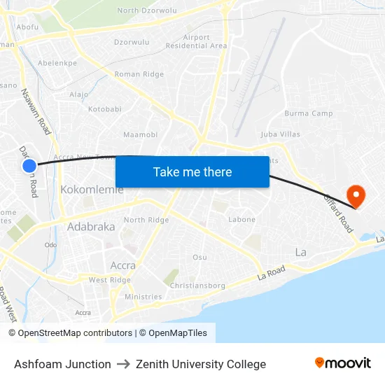 Ashfoam Junction to Zenith University College map