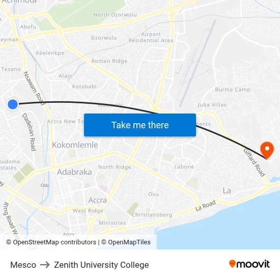 Mesco to Zenith University College map