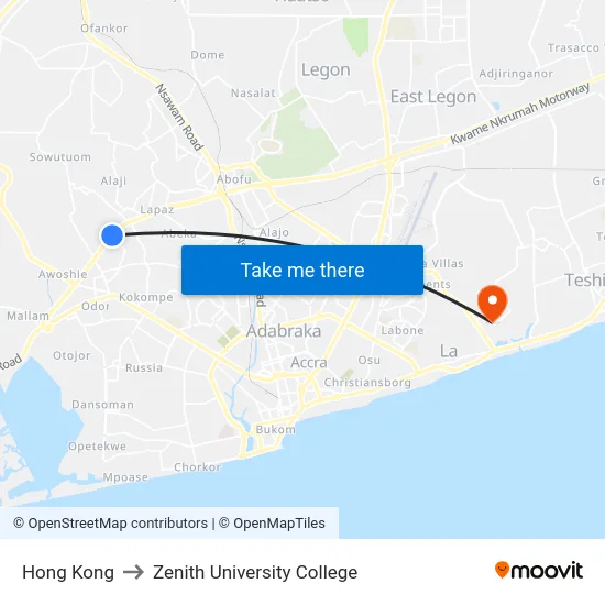 Hong Kong to Zenith University College map