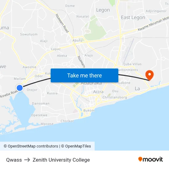 Qwass to Zenith University College map