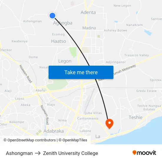 Ashongman to Zenith University College map