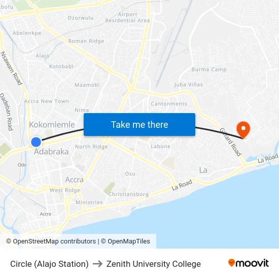 Circle (Alajo Station) to Zenith University College map