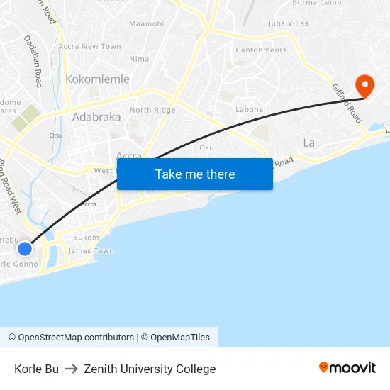Korle Bu to Zenith University College map