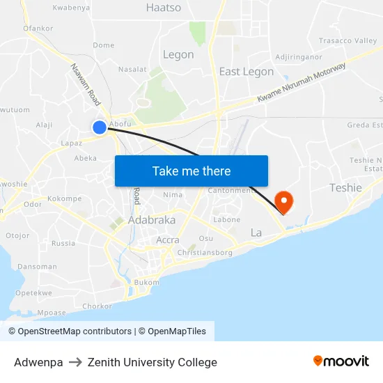 Adwenpa to Zenith University College map