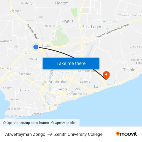 Akwetteyman Zongo to Zenith University College map
