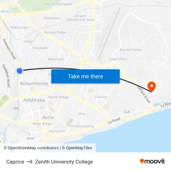 Caprice to Zenith University College map