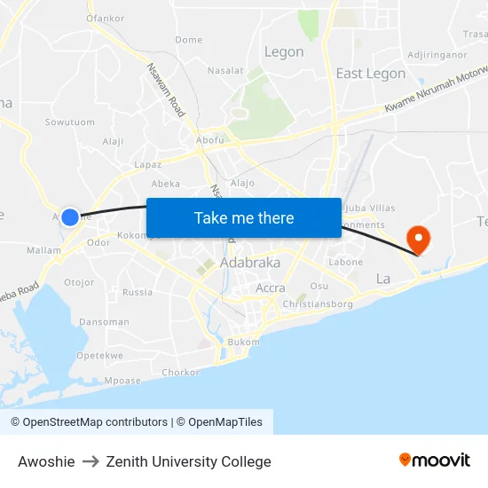 Awoshie to Zenith University College map