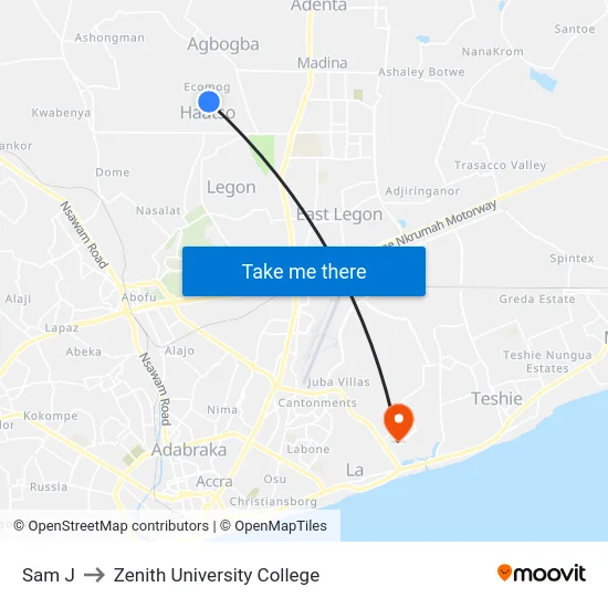 Sam J to Zenith University College map