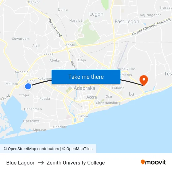 Blue Lagoon to Zenith University College map