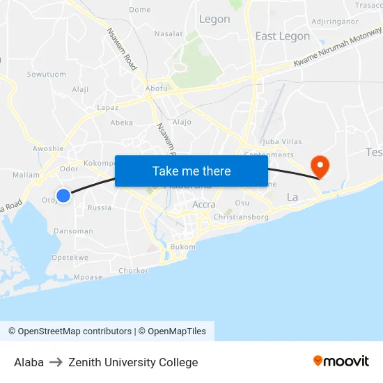 Alaba to Zenith University College map