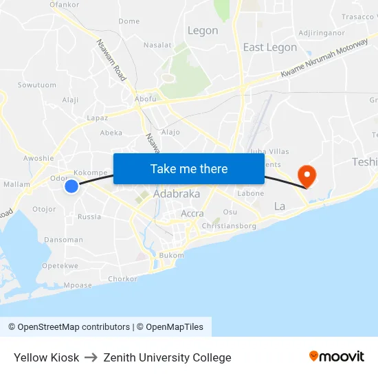 Yellow Kiosk to Zenith University College map