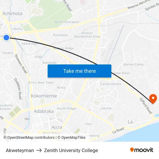 Akweteyman to Zenith University College map