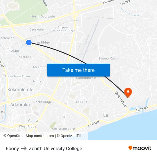 Ebony to Zenith University College map