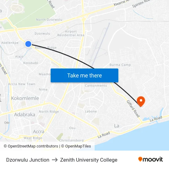 Dzorwulu Junction to Zenith University College map