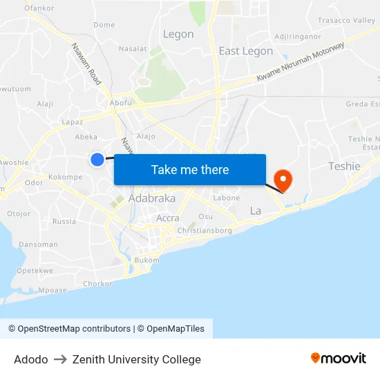 Adodo to Zenith University College map